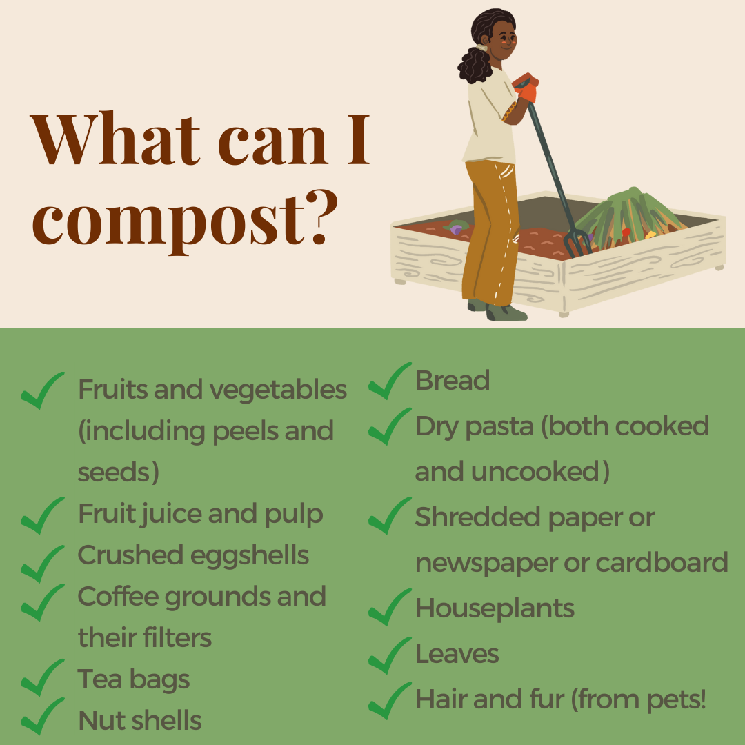 What can I compost?  Fruits and vegetables (including peels and seeds) Fruit juice and pulp Crushed eggshells Tea bags Nut shells Bread Dry pasta (both cooked and uncooked) Shredded paper or newspaper or card board Coffee grounds and their filters Houseplants Leaves Hair and fur (from pets!)