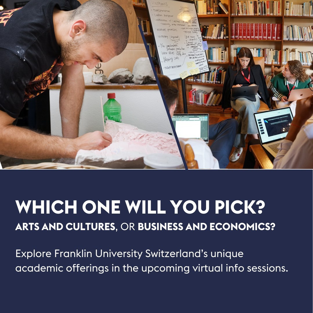In the month of November we’ve got exciting virtual info sessions lined up! 🎓

Join us as we dive into Franklin’s academic offerings, answer your questions, and explore what makes our programs unique. 

📅 On November 6th, we’ll be highlighting our Arts and Cultures division, perfect for those with a passion for creativity and global perspectives.

📅 On November 25th, it’s all about Business and Economics, ideal for future leaders looking to make an impact on the global stage. 

Curious to learn more? Mark your calendars and join us online 👉 link in bio and stories! 

#FranklinUniversitySwitzerland
#VirtualInfoSession
#ArtsAndCultures
#BusinessAndEconomics
#StudyAbroad