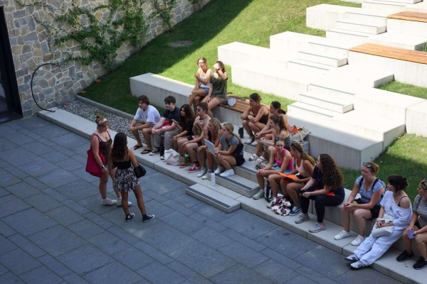 Group of students in the Garden of Light during the campus tour
